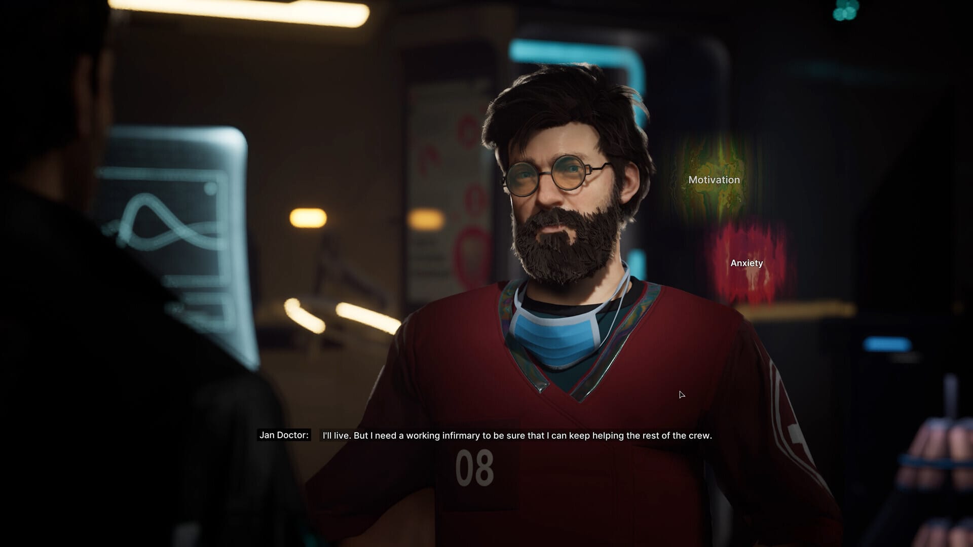 Jan Doctor speaks in The Alters with visible motivation and anxiety indicators, saying "I'll live. But I need a working infirmary to be sure that I can keep helping the rest of the crew."