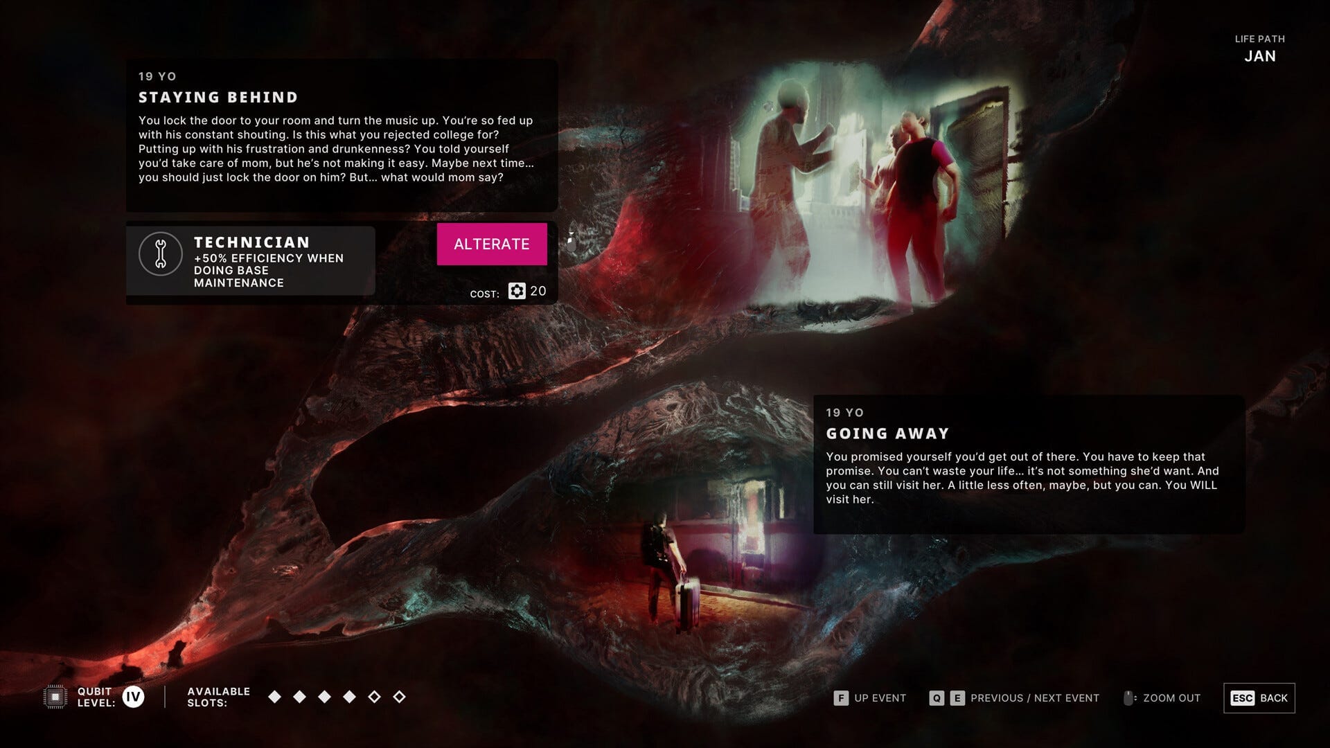 The Alters Tree of Life interface showing two diverging life paths for Jan at age 19 — Staying Behind and Going Away — each leading to a different Alter specialist.