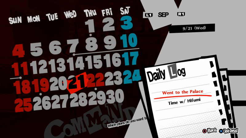 Persona 5 in-game calendar showing September with daily log entries including Went to the Palace and Time with Hifumi, illustrating the game's time management mechanic.