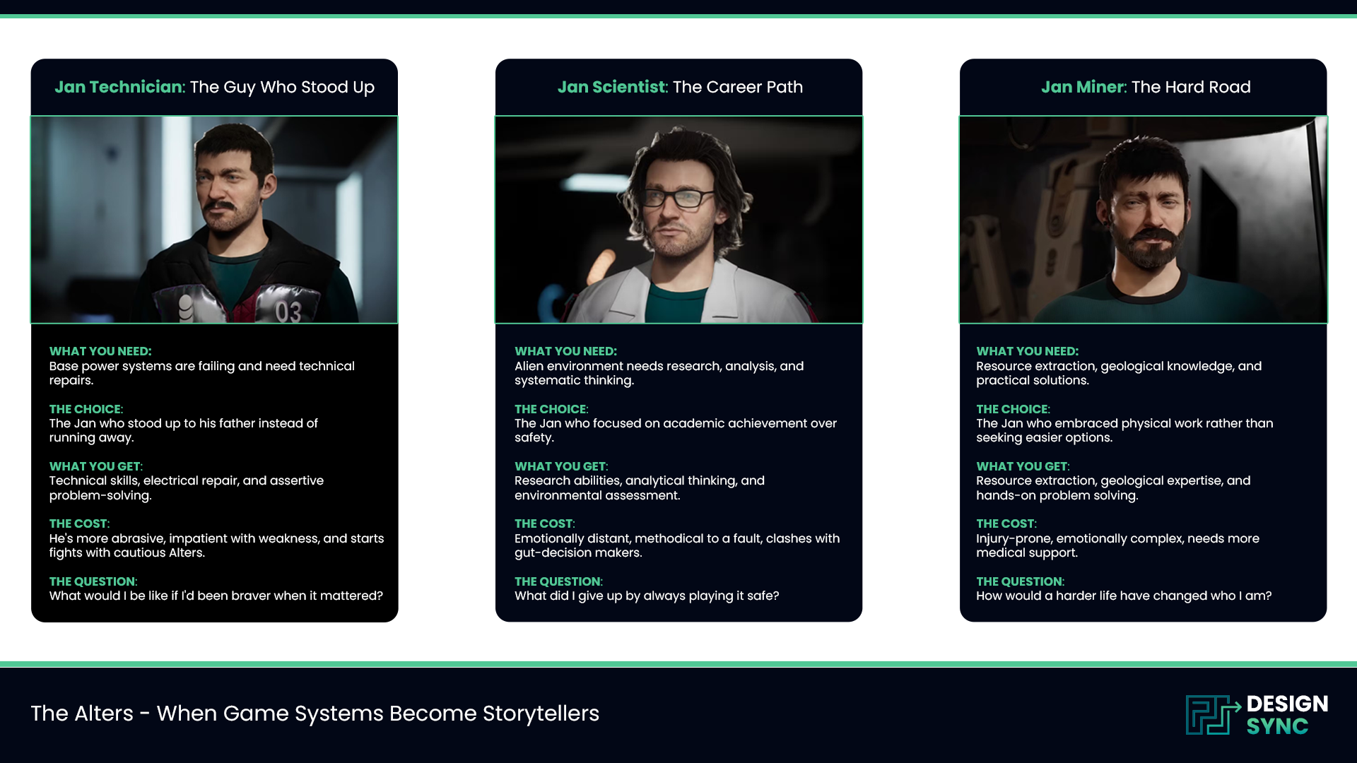 Three Alter creation cards from The Alters showing Jan Technician, Jan Scientist, and Jan Miner, each with their backstory, skills, costs, and a reflective question about the road not taken.