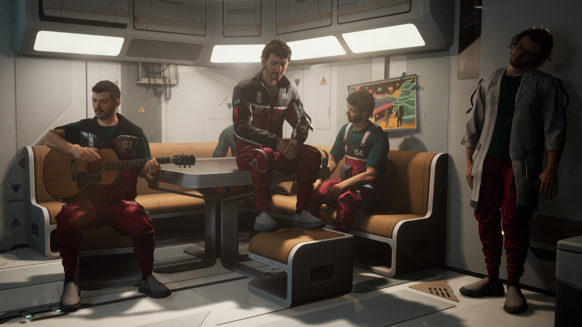 Four Alters sit together in the common area of the base in The Alters, one playing guitar, in a moment of downtime between survival challenges.