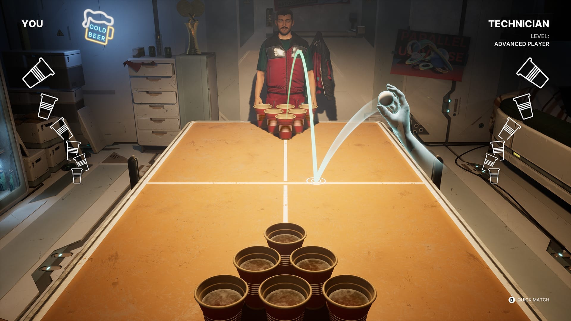 The Alters beer pong mini-game showing Jan Technician facing off against the player across a table of cups.