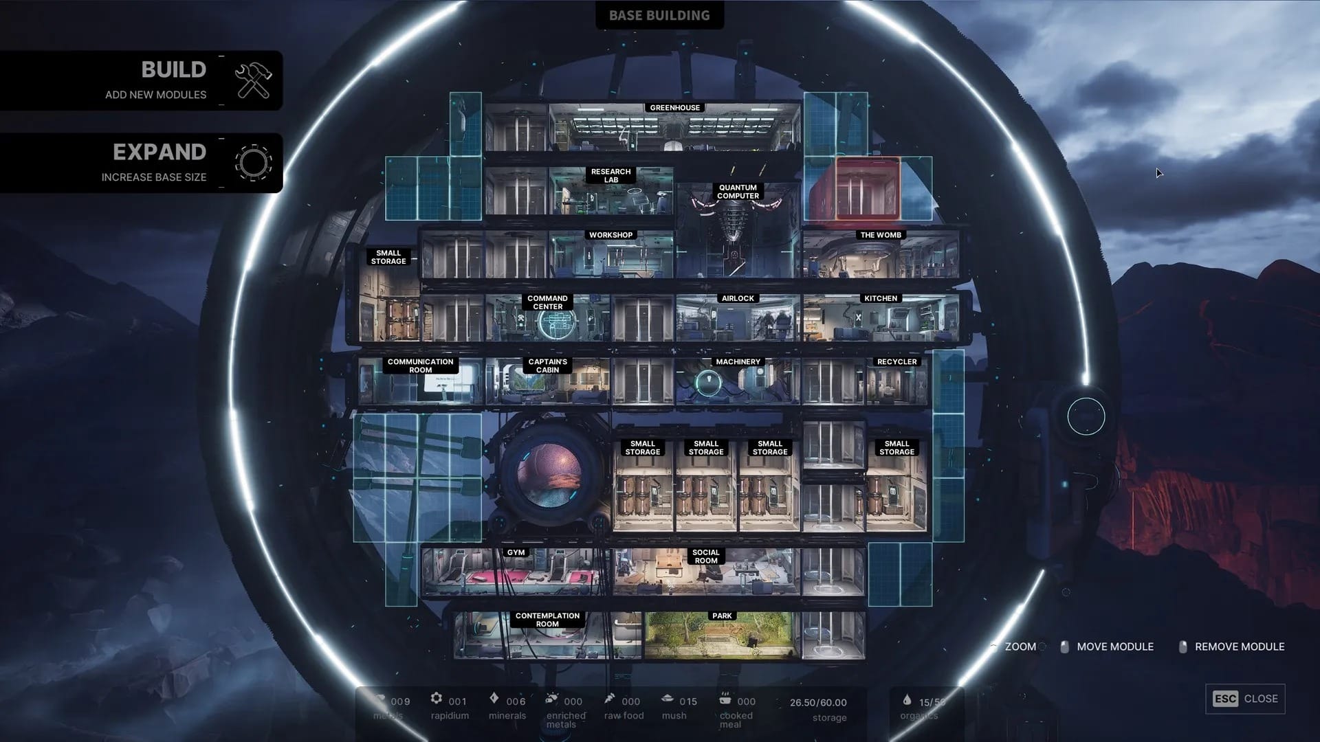 Overhead view of the circular base in The Alters showing multiple modules including greenhouse, research lab, workshop, kitchen, and social spaces.