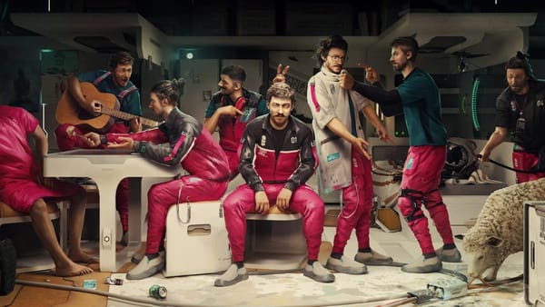 Multiple versions of Jan gathered together in The Alters, each dressed in the same red jumpsuit but posed differently, reflecting their distinct personalities and life paths.